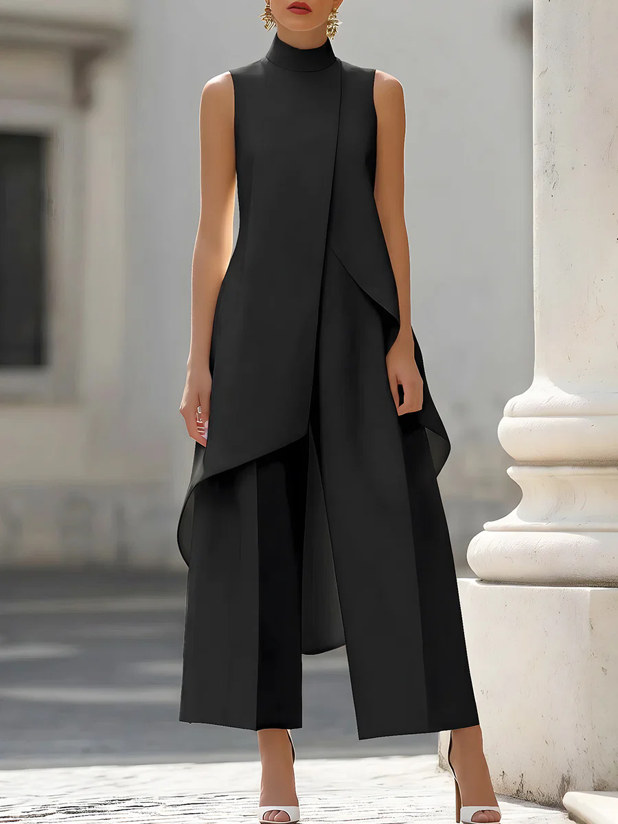 Formal Wear Women Us - Jumpsuit tanpa lengan, kerah tinggi, asimetris,