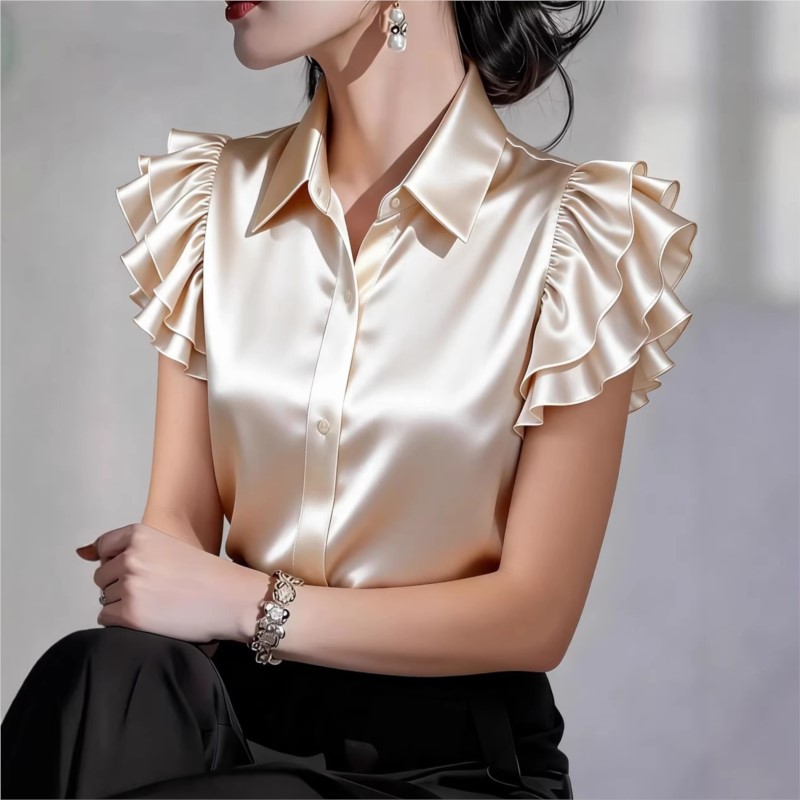 Silk Blouse Button - Blus Kasual Lengan Pendek Ruffle 2026
