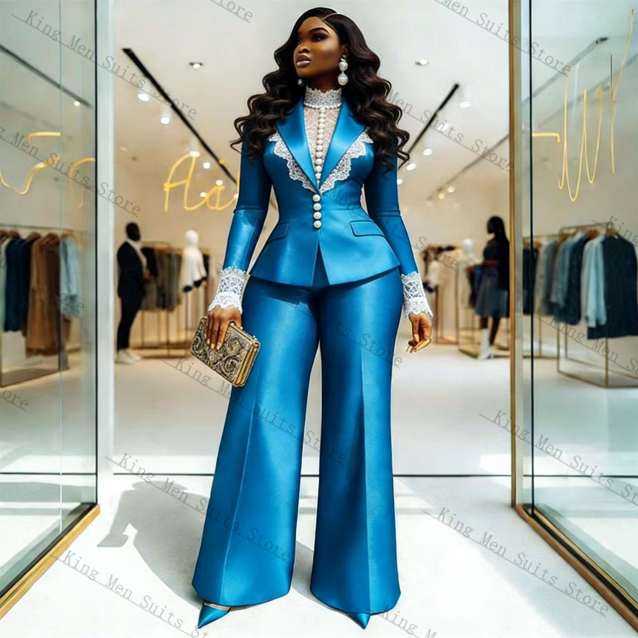 Women'S Formal Wear Tuxedo - Set Setelan Wanita Renda Satin Biru