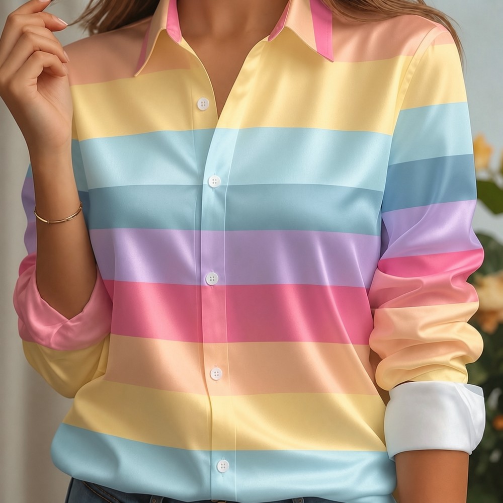 Silk Blouse Button - Kemeja Wanita Kerah Satin Bergaris Pastel