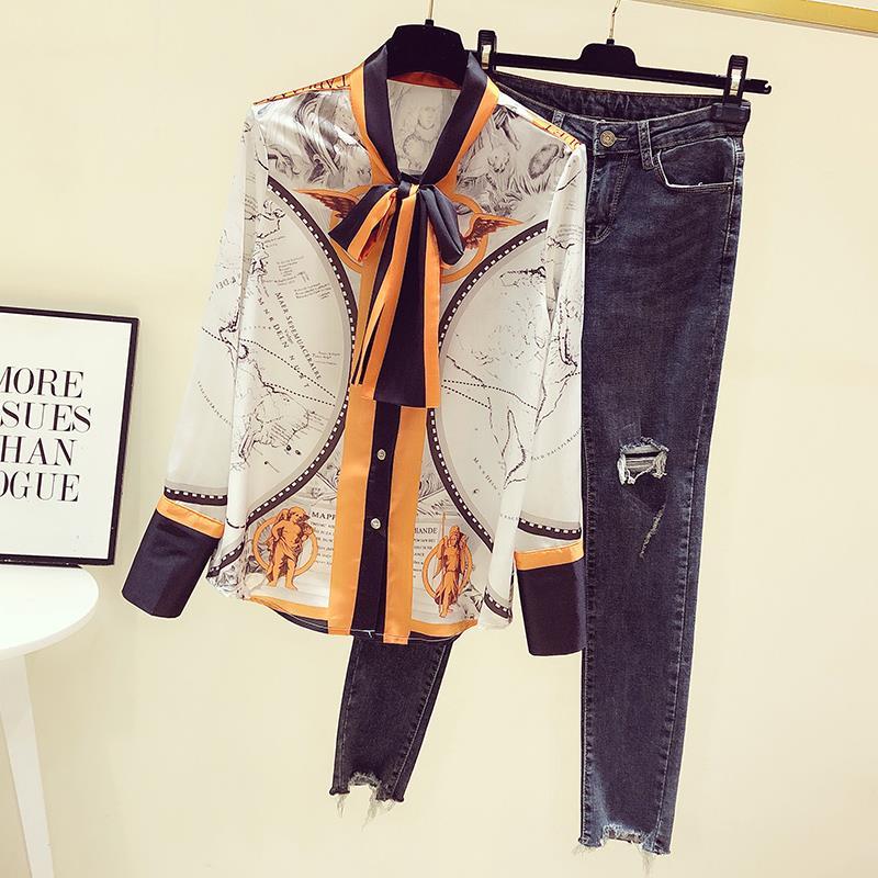 Perempuan Korea Cetakan Sifon  - Silk Blouse Button ulasan dan harga