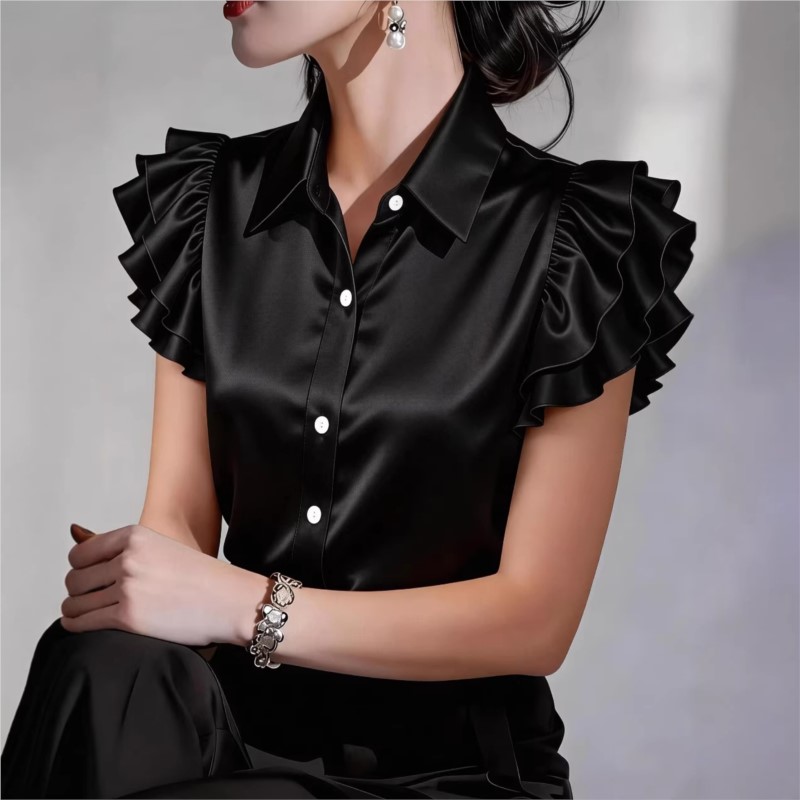 Blus Kasual Lengan Pendek Ruff - Silk Blouse Button ulasan dan harga