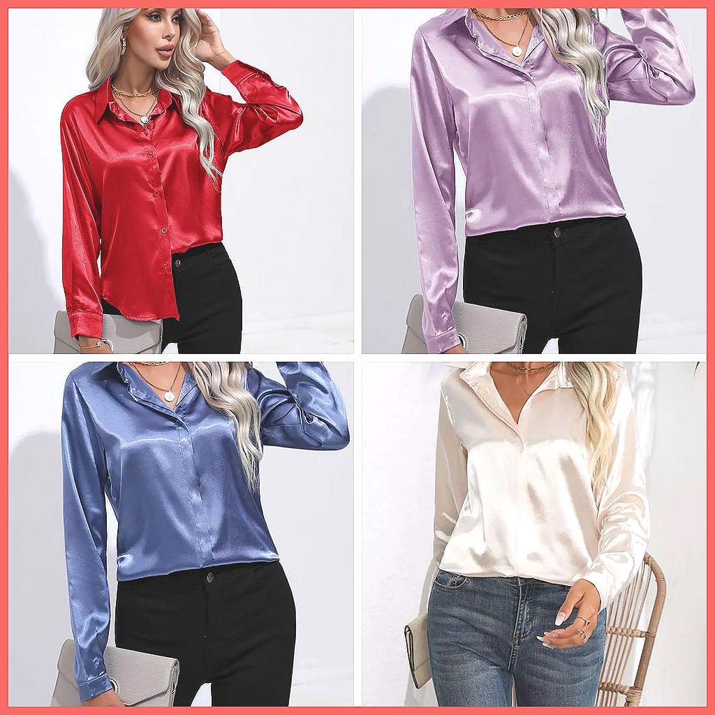 Kemeja Satin Musim Semi Musim  - Silk Blouse Button ulasan dan harga