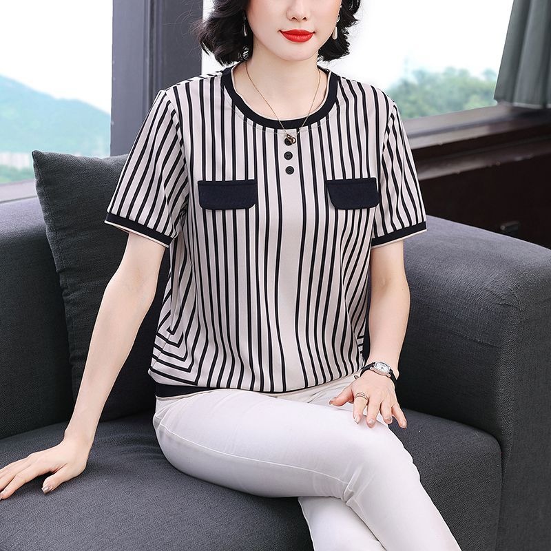 Kaos Wanita Bergaris Bahan Sut - Silk Blouse Button ulasan dan harga
