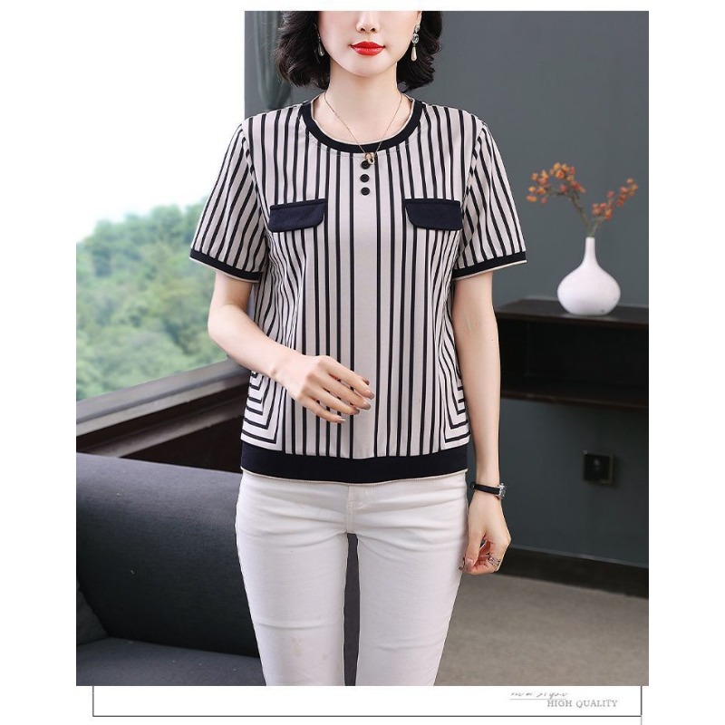 Kaos Wanita Bergaris Bahan Sut - Silk Blouse Button ulasan dan harga